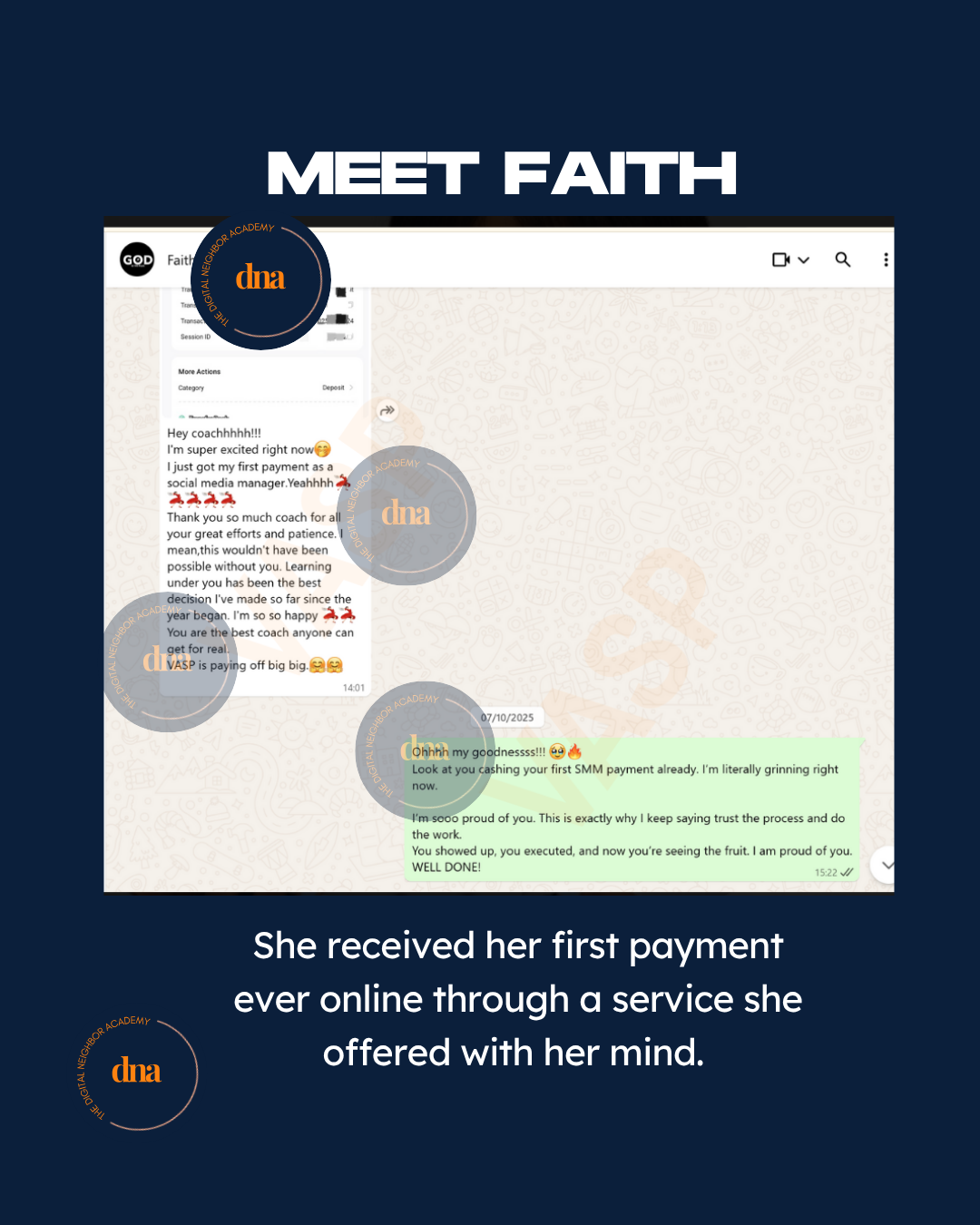 Faith's message about her first payment as a social media manager