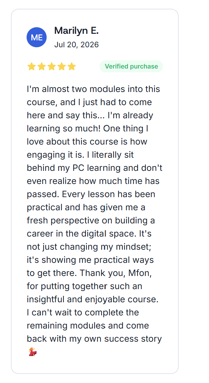 Marilyn's five star verified purchase review of the course