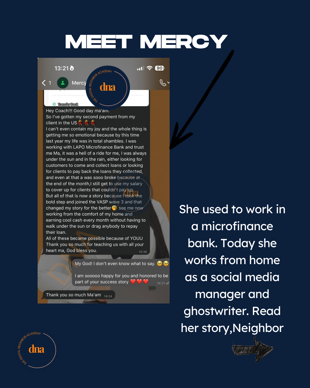 Mercy's message about receiving her second payment from a US client