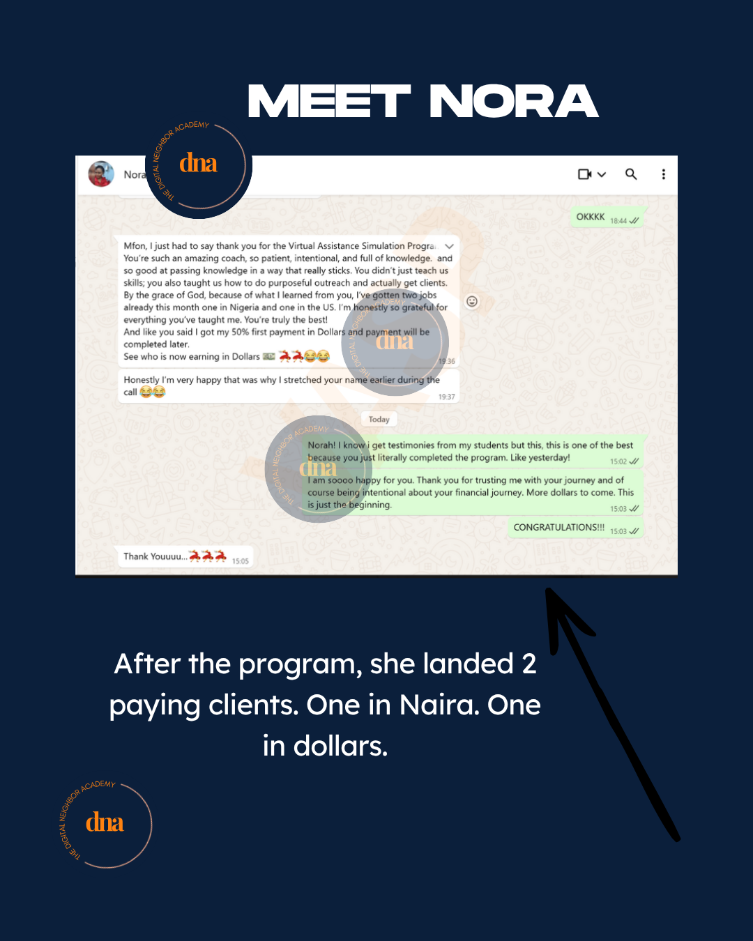 Nora's message about landing two clients after the program