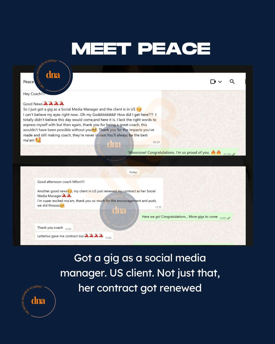 Peace's message about a US social media management client renewing her contract