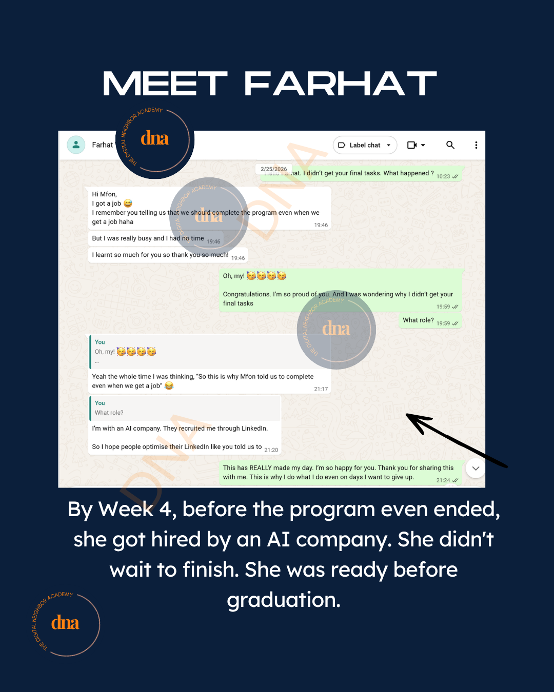 Farhat's message about being recruited by an AI company